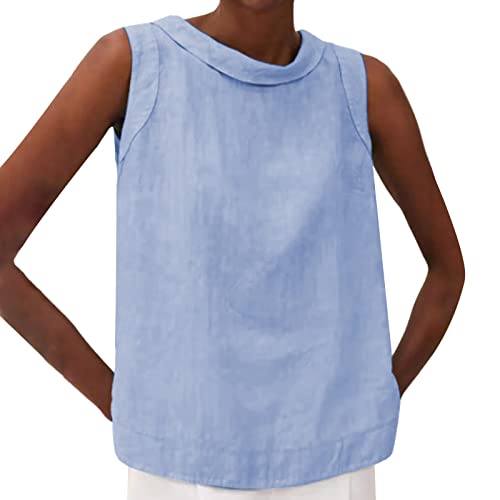 Damen Oberteile Rundhals Leinen - Ärmellose Bluse Mit Stehkragen, Leinen Tank Tops Einfarbig Kragen Lose Blusentop Plissee Zwei Frauen Ärmellose Tops Leinen Tunika Ohne Ärmel Trägertops von Generic