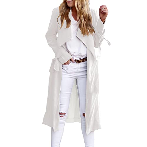 Damen Offene Vorderseite Lange Trenchcoats Langarm Slim Casual Pockted Winddichter Mantel mit Gürtel Gepolsterte Reitjacke Baggy Loose Fit Mäntel für Frauen Winter Warm, weiß, 46 von Generic