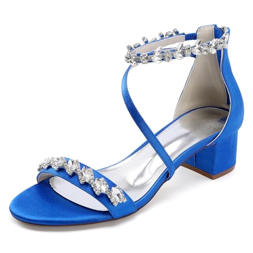 Damen Offene Zehe Satin Brautschuhe Strass Knöchelriemen Hochzeitskleid Sandalen Mit Reißverschluss Blockabsatz Partei Abschlussball Schuhe,Blau,37 EU von smlekwc