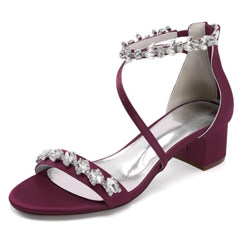 Damen Offene Zehe Satin Brautschuhe Strass Knöchelriemen Hochzeitskleid Sandalen Mit Reißverschluss Blockabsatz Partei Abschlussball Schuhe,Burgundy,38 EU von smlekwc