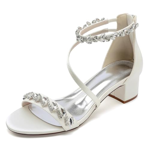 Damen Offene Zehe Satin Brautschuhe Strass Knöchelriemen Hochzeitskleid Sandalen Mit Reißverschluss Blockabsatz Partei Abschlussball Schuhe,Elfenbein,38 EU von smlekwc