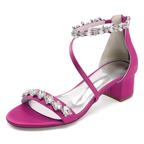 Damen Offene Zehe Satin Brautschuhe Strass Knöchelriemen Hochzeitskleid Sandalen Mit Reißverschluss Blockabsatz Partei Abschlussball Schuhe,Fuchsia,41 EU von smlekwc