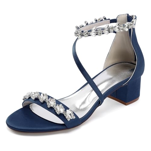 Damen Offene Zehe Satin Brautschuhe Strass Knöchelriemen Hochzeitskleid Sandalen Mit Reißverschluss Blockabsatz Partei Abschlussball Schuhe,Marine,42 EU von smlekwc