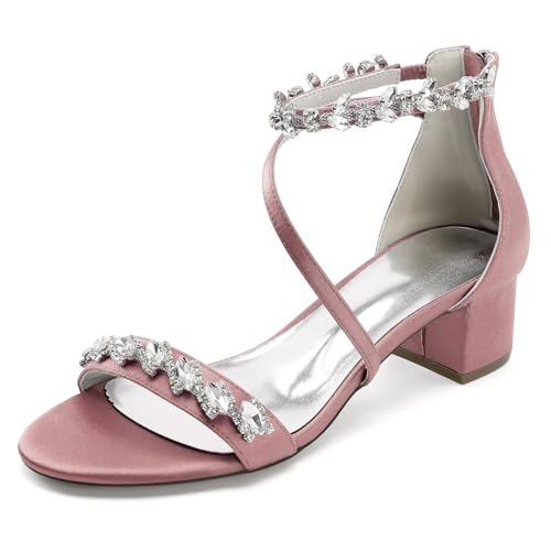 Damen Offene Zehe Satin Brautschuhe Strass Knöchelriemen Hochzeitskleid Sandalen Mit Reißverschluss Blockabsatz Partei Abschlussball Schuhe,Rosa,39 EU von smlekwc
