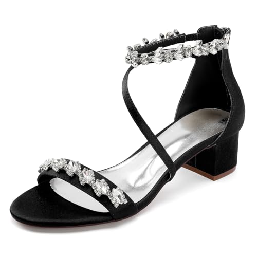 Damen Offene Zehe Satin Brautschuhe Strass Knöchelriemen Hochzeitskleid Sandalen Mit Reißverschluss Blockabsatz Partei Abschlussball Schuhe,Schwarz,35 EU von smlekwc