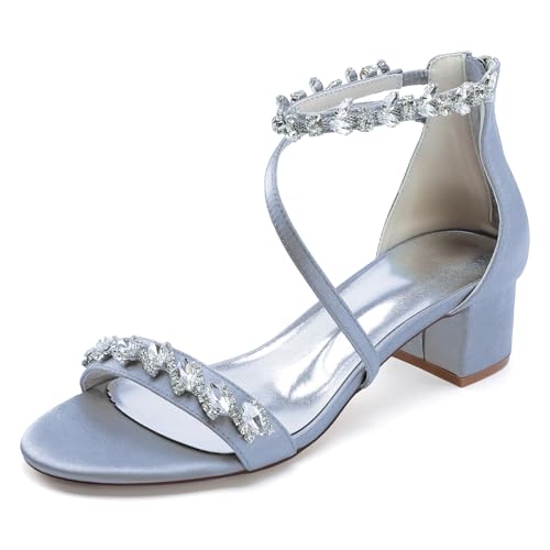 Damen Offene Zehe Satin Brautschuhe Strass Knöchelriemen Hochzeitskleid Sandalen Mit Reißverschluss Blockabsatz Partei Abschlussball Schuhe,Silber,42 EU von smlekwc