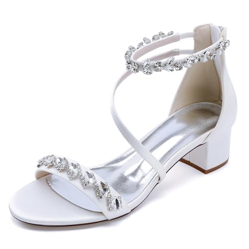 Damen Offene Zehe Satin Brautschuhe Strass Knöchelriemen Hochzeitskleid Sandalen Mit Reißverschluss Blockabsatz Partei Abschlussball Schuhe,Weiß,40 EU von smlekwc