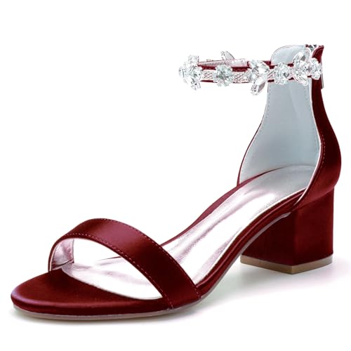 Damen Offene Zehen Hochzeit Sandalen Mit Strass Stämmiger Ferse Satin Brautschuhe Knöchelriemen Abend Partei Abschlussball Schuhe,Burgundy,43 EU Damen Offene Zehen Hochzeit Sandalen Mit Strass Stämmiger Ferse Satin Brautschuhe Knöchelriemen Abend Partei Abschlussball Schuhe,Burgundy,43 EU von Generic