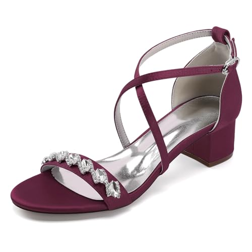 Damen Offene Zehen Satin Brautschuhe Mit Strass Kreuz Knöchelriemen Hochzeit Kleid Schuhe Mittlerer Stämmiger Ferse Partei Abschlussball Sandalen,Burgundy,41 EU von smlekwc