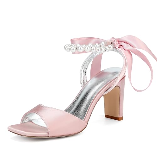 Damen Offene Zehenpartie Mid Block Heels Perle Knöchelriemen Brautkleid Sandalen Slingback Brautkleid Schuhe,Dusty Rose,41 EU von Generic