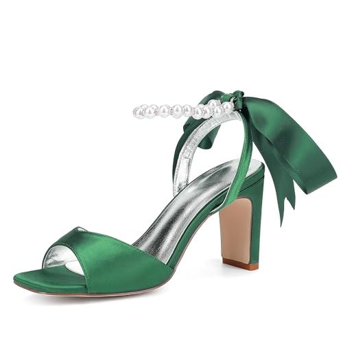 Damen Offene Zehenpartie Mid Block Heels Perle Knöchelriemen Brautkleid Sandalen Slingback Brautkleid Schuhe,Forest Green,40 EU von Generic