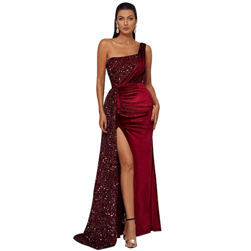 Damen One-Shoulder Formal Ballkleid Meerjungfrau Pailletten Samt Ballkleid äRmellos Seitlich Geschlitzt Abendkleid Wine M von Generic