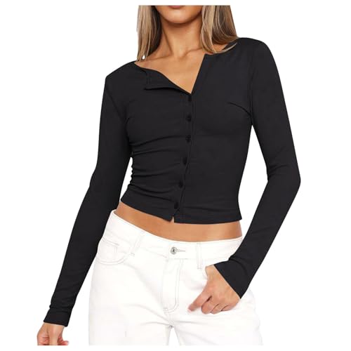 Damen Open Front Button Down Langarm Crop Tops Basics Crop Y2K Tops Slim Fitted Going Out Langarmshirts von Generic