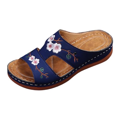 Damen Orthopädische Sandalen Vintage Blumenstickerei Schlappen Sommer Peep Toe Hausschuhe Keil PU-Leder Pantoffeln Gummi Plateau Pantoffeln Freizeit Strandschuhe von Generic