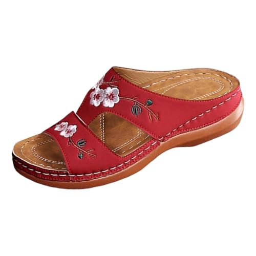 Damen Orthopädische Sandalen Vintage Blumenstickerei Schlappen Sommer Peep Toe Hausschuhe Keil PU-Leder Pantoffeln Gummi Plateau Pantoffeln Freizeit Strandschuhe von Generic