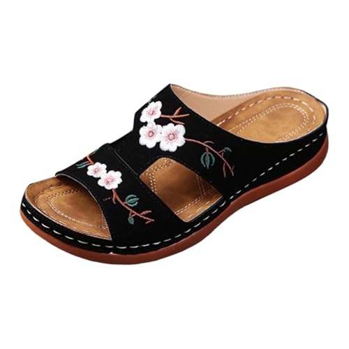 Damen Orthopädische Sandalen Vintage Blumenstickerei Schlappen Sommer Peep Toe Hausschuhe Keil PU-Leder Pantoffeln Gummi Plateau Pantoffeln Freizeit Strandschuhe von Generic