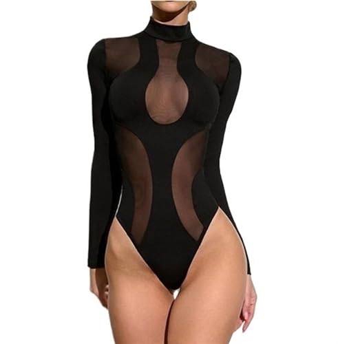 Damen-Overall, durchsichtig, Netzstoff, langärmelig, Body, Anzüge, sexy, transparente Oberteile (Farbe : Schwarz, Größe : S) von Generic