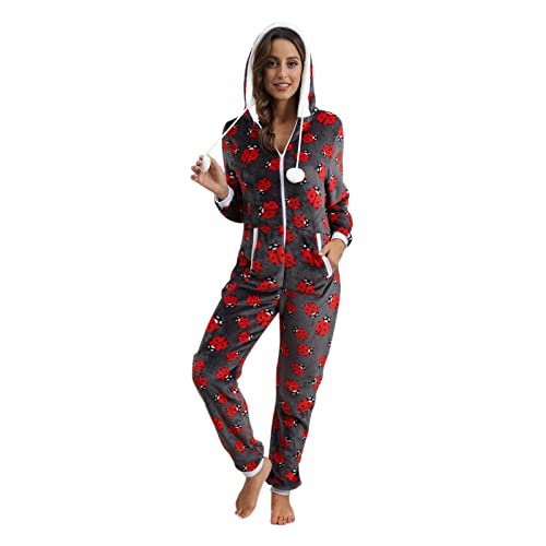 Damen Overall Pyjama Winter Nachtwäsche Bequem Thermische Reißverschluss Einteiliger Strampler Schlafanzug Erwachsene Casual Set Pyjama Einteiler Fleece Kapuze Kleidung, grau, 38 von Generic