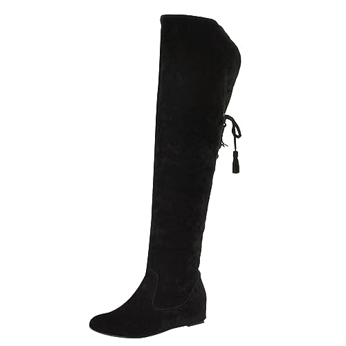 Damen Overknees Stiefel mit Gefütterte Winter Warm Schneestiefel Kniehoch Stiefel Langschaft Hohe Stiefel Flache Cowboy Boots Lang Stiefeletten Winterschuhe Damenstiefel Winterstiefel (Black, 37) von Generic