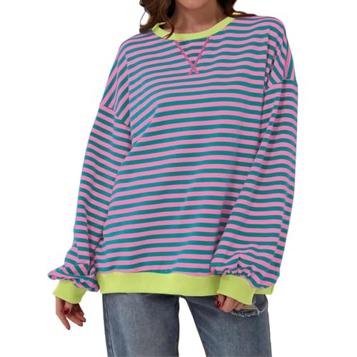 Generic Damen Oversize Gestreiftes Sweatshirts & T-Shirt, Baumwolle Rundhals Sweatshirt Langarm Lässiges Lockeres Pullover Y2K Shirt Oberteile Pink L Leinen Tunika Damen Damen Tunika Langarm von Generic