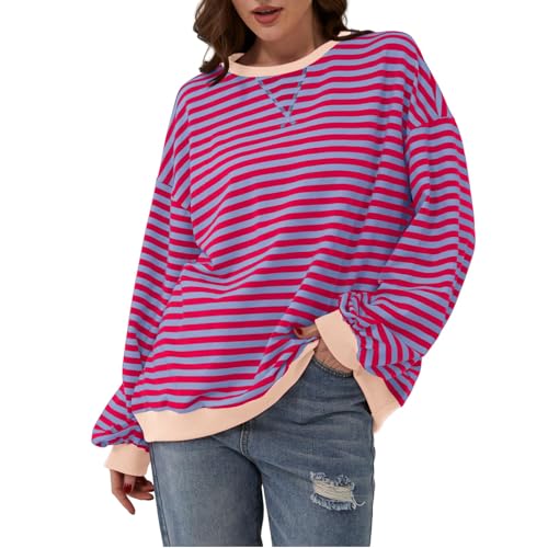 Damen Oversize Gestreiftes Sweatshirts & T-Shirt, Baumwolle Rundhals Sweatshirt Langarm Lässiges Lockeres Pullover Y2K Shirt Oberteile Purple Pink L Tunika Damen Tunika Damen Große Größen von Generic