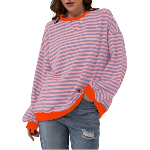 Damen Oversize Gestreiftes Sweatshirts & T-Shirt, Baumwolle Rundhals Sweatshirt Langarm Lässiges Lockeres Pullover Y2K Shirt Oberteile Saffron XL Bluse Ärmellos Satinbluse von Generic