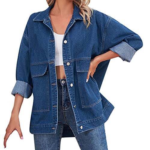 Damen Oversize Jeansjack Übergangsjacke Mantel Mode Lässige Knopf Jeansmantel Umlegekragen Distressed Denim Übergangsmantel Leichte Sommerjacke Outdoorjacke Streetwear von Generic