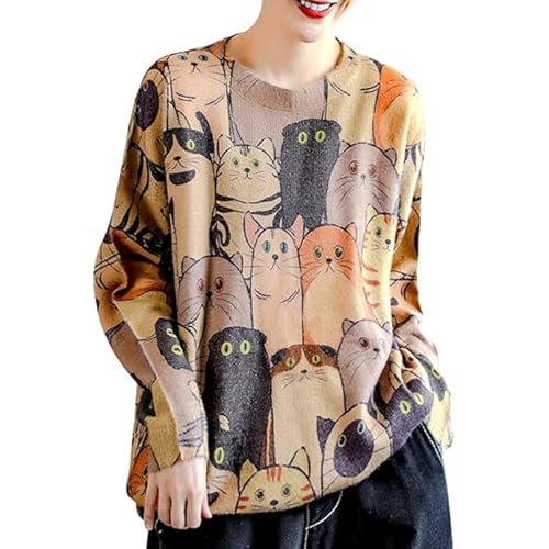 Damen Oversize Pullover Herbst Longpullover Katze Strickpullover Rundhals Tunika Pulli Langarm Sweater Warme Winterpullover Lockere Oberteile Jumpers Klamotten Teenager Mädchen Winter Herbstmode 2024 von Generic