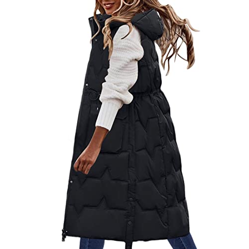 Damen Oversize Steppweste Winter Lang Weste Locker Casual Pufferweste Einfarbig Outwear Damenweste Mode Teenager Mädchen Gilet Alltäg Ärmellos Kapuzenweste Klassisch Lang Steppweste (Black-J, XL) von Generic