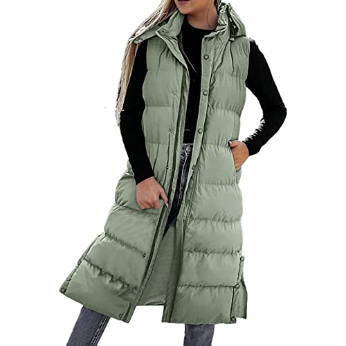 Damen Oversize Steppweste Winter Lang Weste Locker Casual Pufferweste Einfarbig Outwear Damenweste Mode Teenager Mädchen Gilet Alltäg Ärmellos Kapuzenweste Klassisch Lang Steppweste (Green-I, L) von Generic