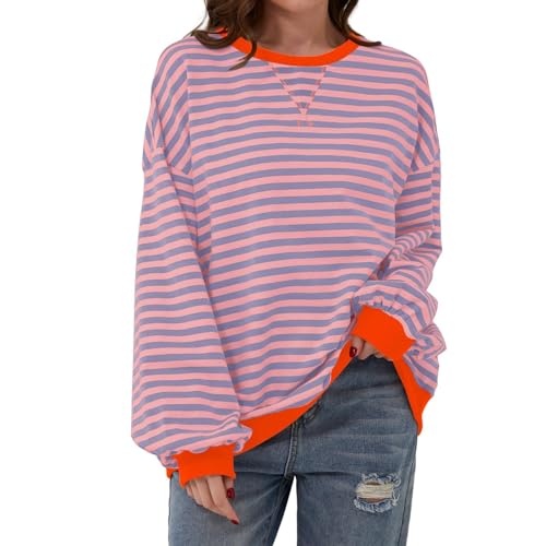 Generic Damen Oversized Sweatshirt Gestreift Color Block Rundhals Langarmshirt Striped Long Sleeve Lässig Lose Pullover Y2K Shirt Casual Oberteile Tops von Generic