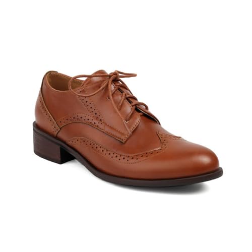 Damen PU Leder Brogue Oxfords Schnüren Wingtip Kleid Schuhe Klassische Niedriger Ferse Büro Arbeitsschuhe,Braun,36 EU von HXTYXCQ
