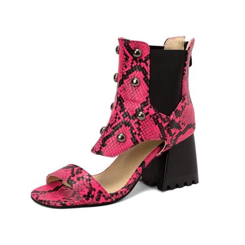 Damen PU-Leder Kurze Stiefel Mit Reißverschluss Hoher Stämmiger Ferse Sommerstiefel Offene Zehen Sandalen Mit Absatz Und Nieten,Fuchsia,40 EU von HXTYXCQ