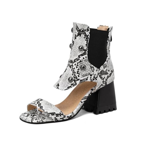 Damen PU-Leder Kurze Stiefel Mit Reißverschluss Hoher Stämmiger Ferse Sommerstiefel Offene Zehen Sandalen Mit Absatz Und Nieten,Weiß,38 EU von HXTYXCQ