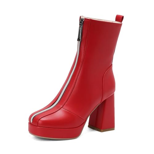 Damen PU-Leder Plateau Stiefeletten Hoher Stämmiger Ferse Kurze Stiefel Quadratische Zehe Booties Mit Frontreißverschluss,Rot,44 EU von Generic