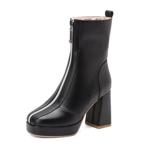 Damen PU-Leder Plateau Stiefeletten Hoher Stämmiger Ferse Kurze Stiefel Quadratische Zehe Booties Mit Frontreißverschluss,Schwarz,48 EU von Generic