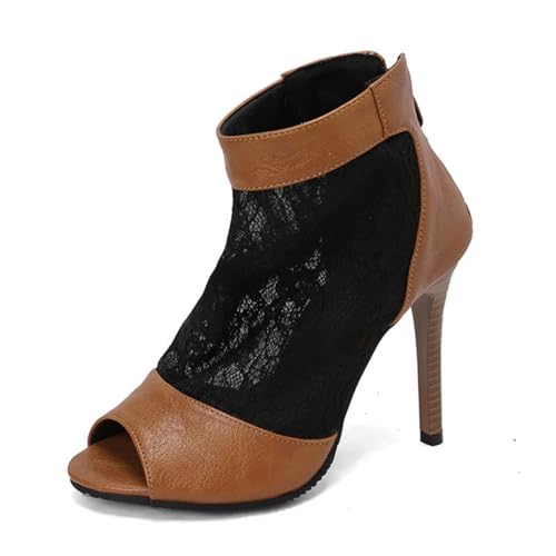 Damen PU Leder Spitze Kurze Stiefel Mit Reißverschluss Hinten Sexy Hoher Absatz Sommer Sandalen Peeptoe Partei Abschlussball Kleid Pumps,Gelb,42 EU von Generic