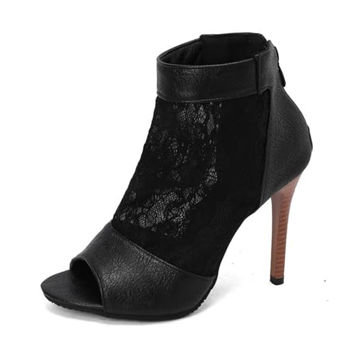 Damen PU Leder Spitze Kurze Stiefel Mit Reißverschluss Hinten Sexy Hoher Absatz Sommer Sandalen Peeptoe Partei Abschlussball Kleid Pumps,Schwarz,38 EU von Generic