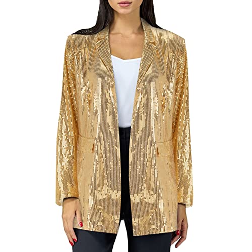 Damen Pailletten Blazer Sparkly Schimmer Jacke Langarm Open Front Glitzer Jackett mit Taschen Lang Oberteile Eleganter Party Outfits (Gold, L) von Generic