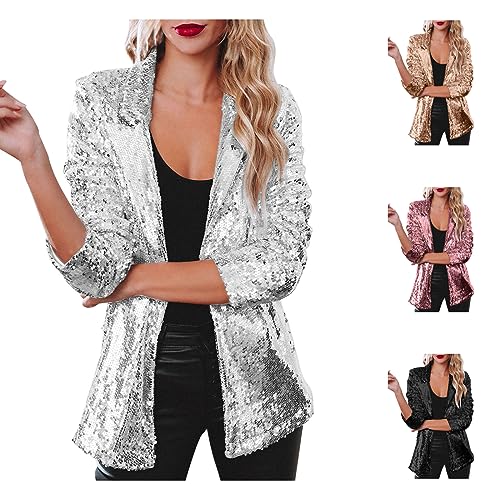 Damen Pailletten Blazer mit Glitzer Langarm Bomberjacke Slim Fit Pailletten Jacke Elegant Kurz Sakko Einfarbig Blazermantel Party Cardigan Tops Teenager Mädchen Streetwear Glänzend Jacke Casual von Generic