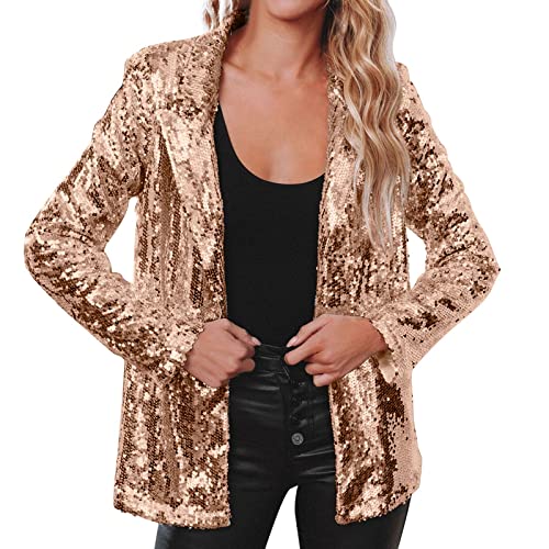 Damen Pailletten Blazer mit Glitzer Langarm Bomberjacke Slim Fit Pailletten Jacke Elegant Kurz Sakko Einfarbig Blazermantel Party Outwear Cardigan (Gold, L) von Generic