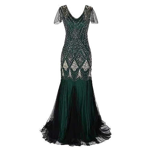 Damen Pailletten Glitzer Kleid, 1920er Jahre Cocktailkleid Glitzer Fransen Meerjungfrau Abendkleid V-Ausschnitt Schulter Ärmel Partykleid Vintage Pailettenkleid Ballkleid Maxikleid von Generic