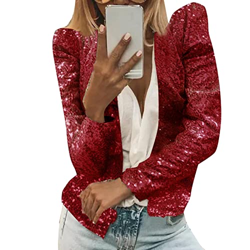 Damen Pailletten Jacke Casual Langarm Glitzer Blazer Bomberjacke Festlich Party Club Kurze Jacke Einfarbig Casual Mode Leicht Blazer Jacke Frauen Glitzer Kleid Oberteile Blazer von Generic