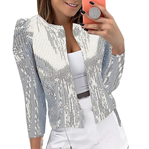 Damen Pailletten Jacke Casual Langarm Glitzer Blazer Bomberjacke Festlich Party Club Kurze Jacke Einfarbig Casual Mode Leicht Blazer Jacke Frauen Glitzer Kleid Oberteile Blazer von Generic