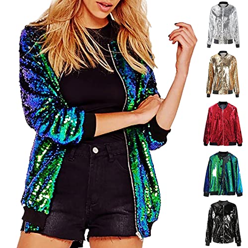 Damen Pailletten Jacke Langarm Glitzer Bomberjacke Party Outwear Cardigan Tops Clubwear Oberbekleidung Glänzend Langarm Glitzer Jackett Frauen Glitzer Jacke Kostüme Elegant Blazer von Generic