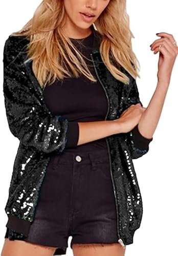 Damen Pailletten Jacke Metallic Glitzer Jacke Langarm Bomberjacke Slim Fit Pailletten Jacke Elegant Kurz Sakko Einfarbig Party Outwear Cardigan Tops Teenager Mädchen Streetwear Party (12-Black, M) von Generic