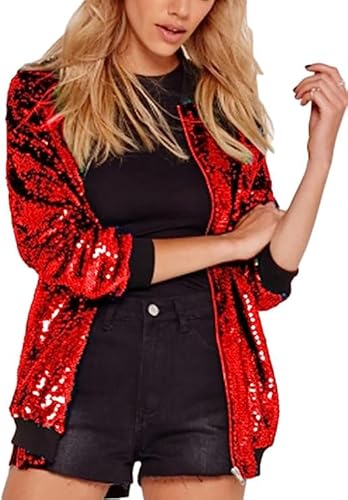 Damen Pailletten Jacke Metallic Glitzer Jacke Langarm Bomberjacke Slim Fit Pailletten Jacke Elegant Kurz Sakko Einfarbig Party Outwear Cardigan Tops Teenager Mädchen Streetwear Party (15-Red, L) von Generic