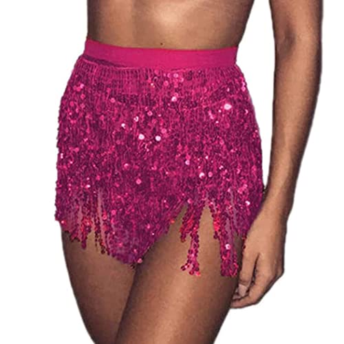 Damen Pailletten Rock Quasten Rock Rave Rock Bauchtanz Kostüm Bauchtanz Mini Rock für Mädchen, Bauchtanz Hüfttuch Club Kostüm Sommer Wrap Fransen Röcke, Rock zum Schnüren, Hüftschal, Rave Outfit von Generic