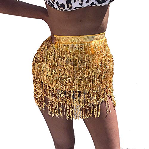 Damen Pailletten Rock Quasten Rock Rave Rock Bauchtanz Kostüm Bauchtanz Mini Rock für Mädchen, Bauchtanz Hüfttuch Club Kostüm Sommer Wrap Fransen Röcke, Rock zum Schnüren, Hüftschal, Rave Outfit von Generic