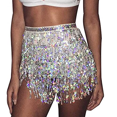 Damen Pailletten Rock Quasten Rock Rave Rock Bauchtanz Kostüm Bauchtanz Mini Rock für Mädchen, Bauchtanz Hüfttuch Club Kostüm Sommer Wrap Fransen Röcke, Rock zum Schnüren, Hüftschal, Rave Outfit von Generic